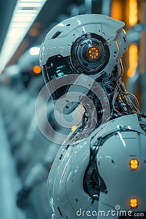 Futuristic robotic factory showcasing advanced robots in assembly line Stock Photo
