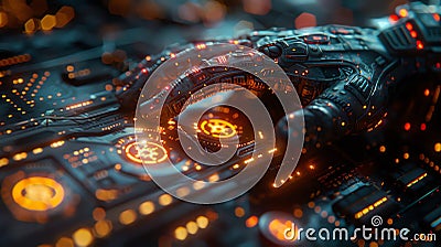 Futuristic robotic hand navigating a high-tech interface with glowing lights, representing advanced technology and artificial Stock Photo