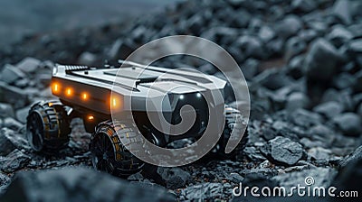 Futuristic Robotic Vehicle Exploring Rocky Terrain Under Low Light Conditions at a Distant Planet. Generative AI Stock Photo
