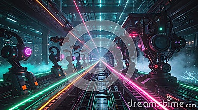 Futuristic robots and drones working synchronously in automated factory with neon lights Stock Photo