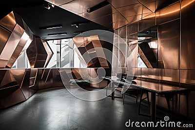 a futuristic room with sleek, metallic surfaces and dramatic lighting Stock Photo