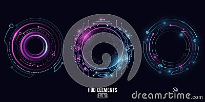 Futuristic round glowing HUD elements. Artificial intelligence. Virtual graphic touch user interface. Dashboard display. Sci-fi Vector Illustration