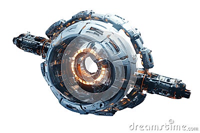 futuristic round shaped spaceship. space shuttle. space craft. Transparent PNG file. Stock Photo