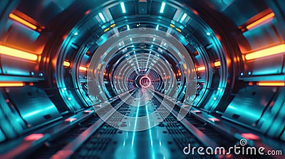 Futuristic round tunnel with metal floor and walls, abstract tech space background. Perspective of dark corridor with neon lights Stock Photo