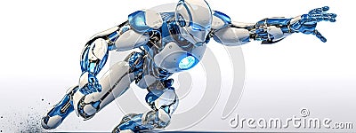 futuristic running robot, sports and cyborg competitions, banner on white background Stock Photo