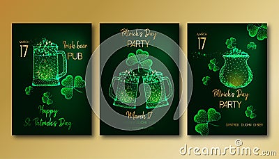 Saint Patrick Day party flyers set with glowing low poly beer mugs, clover leaves and gold pot Vector Illustration