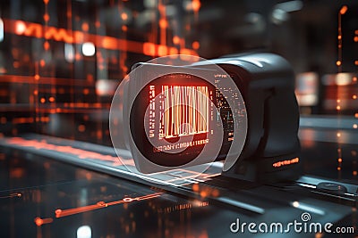 A futuristic scanner capturing barcodes with vibrant digital data in the background, representing technology and automation Stock Photo