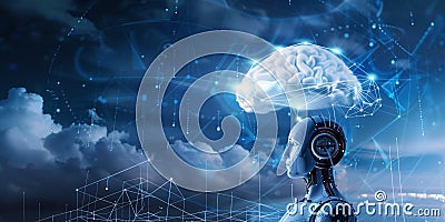 Weather Forcasting AI Robot with Neural Network Brain and Digital Cloud Stock Photo