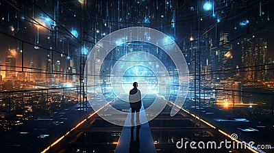 A futuristic scene featuring the convergence of Universe Future Network Technology and Smart Computers. Stock Photo