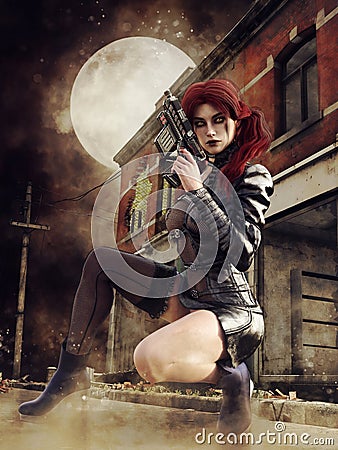 Girl with a laser gun in front of a ruined building Stock Photo