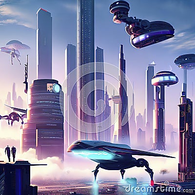 futuristic scene with skyscrapers, hovercrafts and robots Stock Photo