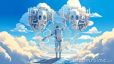 futuristic scene where a figure in a spacesuit stands amidst the clouds, reaching out towards intricate, robotic Stock Photo