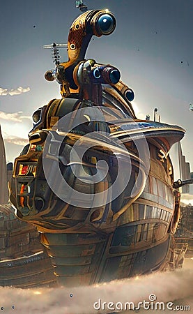 Futuristic scenery, steampunk spaceship on alien planet, generative ai illustration, these depiction is fictitious and generated Cartoon Illustration