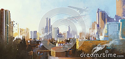 Futuristic sci-fi city with skyscraper Cartoon Illustration