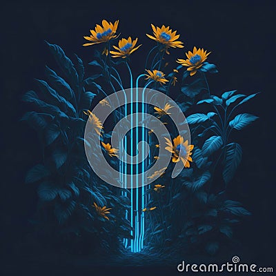 Futuristic Sci-fi Flower Garden With Neon Tube Lights Trough Flowers, Alien Nature World, Party Mood, Generative AI Stock Photo
