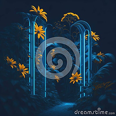 Futuristic Sci-fi Flower Garden With Neon Tube Lights Trough Flowers, Alien Nature World, Party Mood, Generative AI Stock Photo