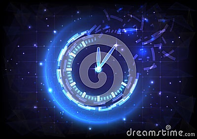 Futuristic Sci-Fi glowing HUD clock fading. Abstract time machine and polygon hi-tech background. Data computer of head-up display Vector Illustration