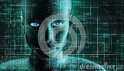 Futuristic and sci-fi human android portrait with pcb metallic skin and binary code green background. AI, IT, technology, robotics Cartoon Illustration