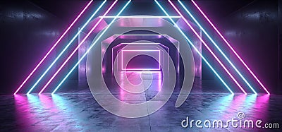 Futuristic Sci Fi Laser Neon Shapes Glowing Light Vibrant Purple Blue Stage NIght Club Background Grunge Concrete Dark Tunnel Stock Photo