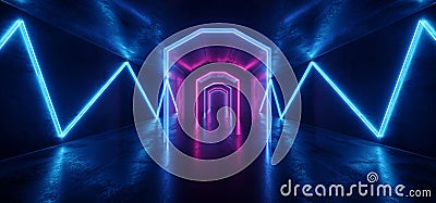 Futuristic Sci Fi Laser Neon Shapes Glowing Light Vibrant Purple Blue Stage NIght Club Background Grunge Concrete Dark Tunnel Stock Photo