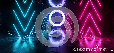 Futuristic Sci Fi Neon Glowing Lights Arrows Purple Blue Stage Night Club Construction Empty Background Grunge Concrete Reflective Stock Photo