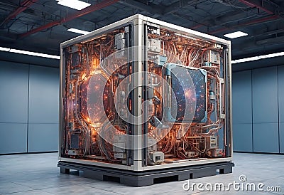 Futuristic sci-fi quantum supercomputer. Suitable for technology, future computing, innovation, artificial intelligence, quantum Cartoon Illustration