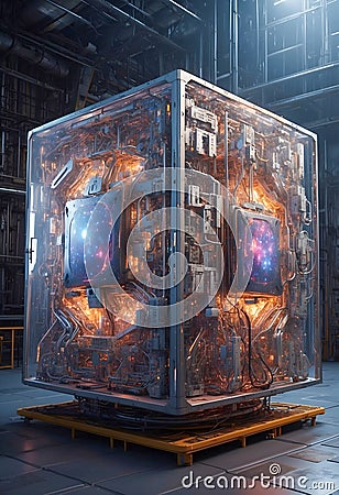 Futuristic sci-fi quantum supercomputer. Suitable for technology, future computing, innovation, artificial intelligence, quantum Cartoon Illustration