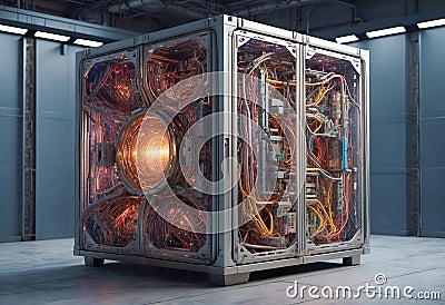 Futuristic sci-fi quantum supercomputer. Suitable for technology, future computing, innovation, artificial intelligence, quantum Cartoon Illustration