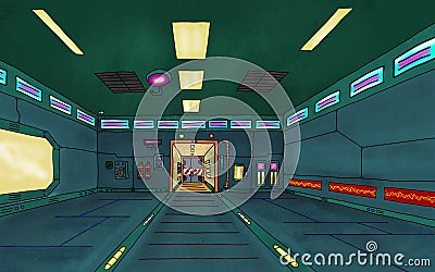 Futuristic sci-fi space station interior scene Stock Photo