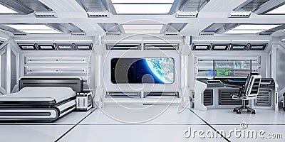 Futuristic Science Fiction Bedroom Interior with Planet Earth View in Space Station, 3D Rendering Stock Photo