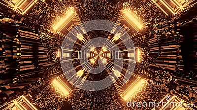 Futuristic science-fiction round pixelated tunnel corridor with brown and gold lights Stock Photo