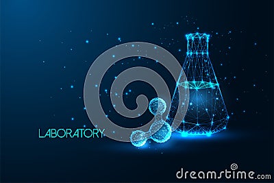 Futuristic scientific research concept with glowing abstract molecule and laboratory beaker Vector Illustration