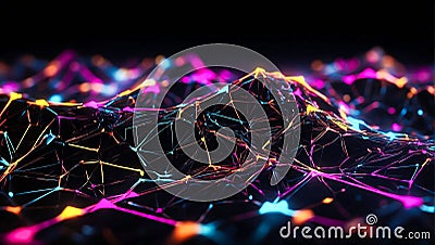 Futuristic scientific wallpaper with colorful plexus lines mesh. Abstract tech neural network connection dots. Digital technology Stock Photo