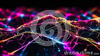 Futuristic scientific wallpaper with colorful plexus lines mesh. Abstract tech neural network connection dots. Digital technology Stock Photo