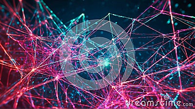 Futuristic scientific wallpaper with colorful plexus lines mesh. Abstract tech neural network connection dots. Digital technology Stock Photo