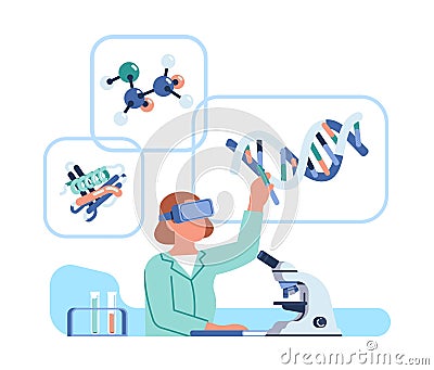 Futuristic scientist in VR headset. Woman creates chemical compounds and structures in virtual reality. Chemist Vector Illustration