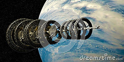 Futuristic Scifi Spaceship travelling into deep space. Extremely detailed and realistic high resolution 3d rendering. Elements of Stock Photo