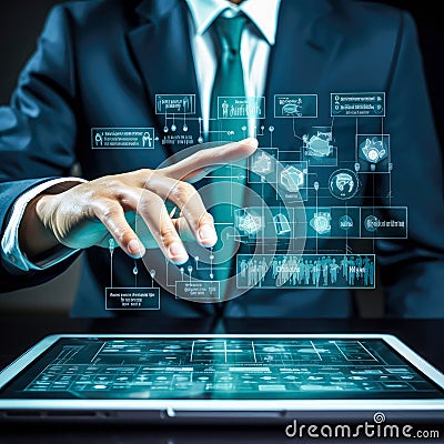 Futuristic screen with glowing blue border displays real-time data and insights for businessman in suit Stock Photo