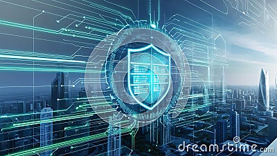 Futuristic security data hologram with real time analysis in urban background, showcasing surveillance network. image conveys Stock Photo