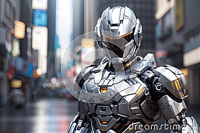 Futuristic Security Enforcer: Silver RoboCop at Your Service Stock Photo