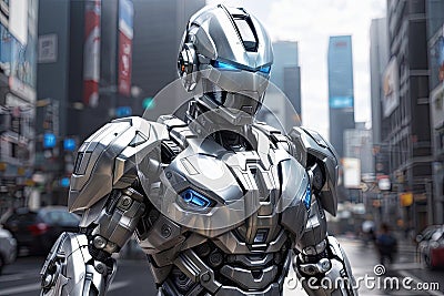 Futuristic Security Enforcer: Silver RoboCop at Your Service Stock Photo