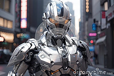 Futuristic Security Enforcer: Silver RoboCop at Your Service Stock Photo