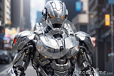 Futuristic Security Enforcer: Silver RoboCop at Your Service Stock Photo