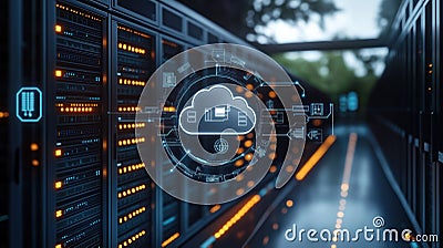 Futuristic server room shows digital disaster recovery system. Cloud backup concept visualized on tech infrastructure. Data Stock Photo