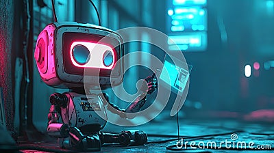 In a futuristic setting, a small robot attempts to communicate with a server while holding a distorted message Stock Photo