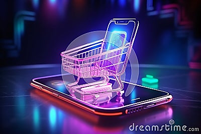 Futuristic Shopping Cart on Mobile Phone Stock Photo