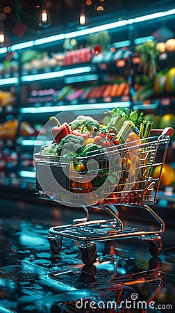 Futuristic shopping cart stocked with a variety of vibrant fresh vegetables Stock Photo