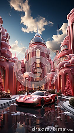 Futuristic shopping center in form of a ball sphere, christmas decoration, red futuristic sport car, snow and space Stock Photo