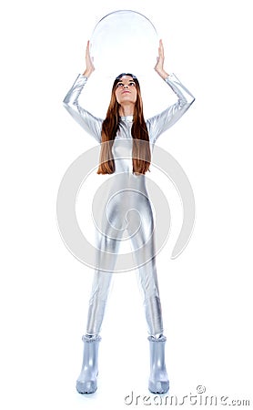 Futuristic silver woman holding glass helmet Stock Photo