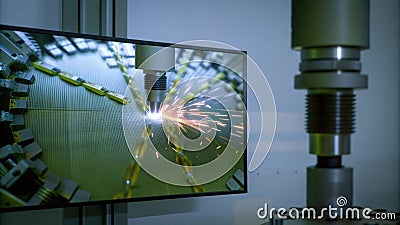 A futuristic simulation on a large screen depicting a laser welding process with animated graphics showing the flow of Stock Photo
